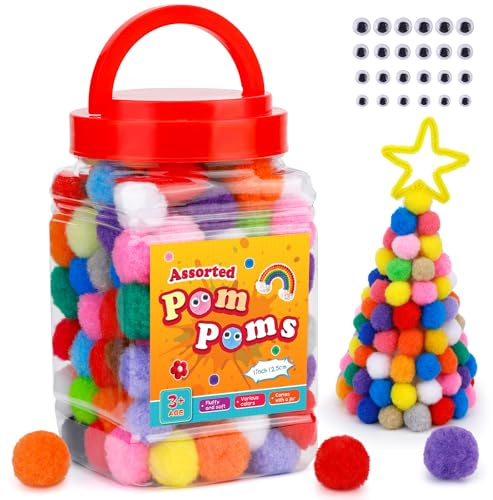 300 Stück Pompons, 25mm Bunte Pompons Zum Basteln, Kleine Pompoms | 100 Stück Wackelaugen (5/6/7/8 mm), Pompoms Bälle für Weihnachten, DIY Kreativen Handwerk Dekorationen
