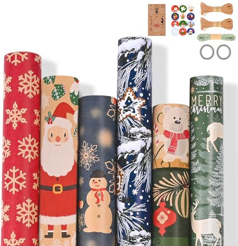 Papier Cadeau Noel, 6 Rouleaux Papier Cadeau Rouleau Recyclable, 43×300CM Noir, Or, Blanc, Argent Papier d'emballage de Cadeau pour Noël, Nouvel An, Fête (06)