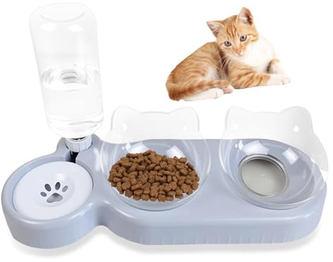 Gamelle 3 en 1 pour chat - Gamelle surélevée et gamelle d'eau pour chat - Avec bouteille d'eau - Pour chats et chiens de petite et moyenne taille (gris)
