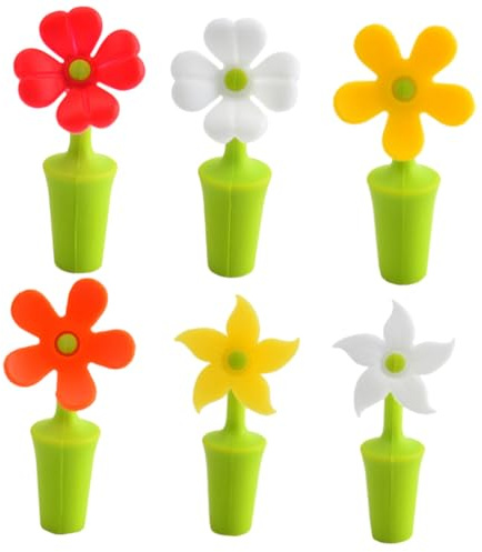 6 Stück Weinflaschenverschluss aus Silikon, Blumenform, 9x4,5x2,3cm | Ölflaschen und Cocktailflaschen, Verschleißfest, aus Silikon, für Verkostungen und Clubs Zufälliger Stil