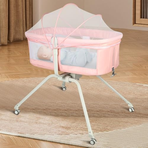 HUOLE Berceau bébé 3 en 1, Lit bébé, Transat bébé inclinable et Chaise Haute bébé,94 * 70 * 80cm (Rose)