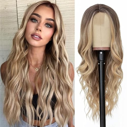 Costume Damen-Spitzenfrontperücke, langes, lockiges Haar mit Highlights, Mittelscheitel, synthetisches Vollhaar-Headset(R6/18A/613#)