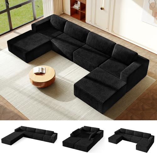 Vesgantti 404 cm Groß Modulares U-förmiges Ecksofa mit Schlaffunktion, 4‑Sitzer Cordsofa mit Federkern, Extra Tiefe Sitzfläche, Boneless Schlafcouch, Für Wohnzimmer, Ohne Montage, Schwarz