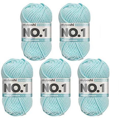 myboshi No.1 Wolle zum Häkeln und Stricken, Schnellstrickgarn, langlebige Mützenwolle, Strickwolle, Häkelwolle, mulesing-frei, 50g, Ll 55m Blau (Himmelblau) 5 Knäuel