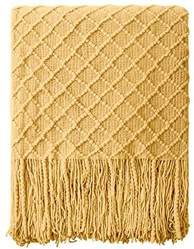 NTBAY Acrylic Knitted Throw Blanket, Lightweight and Soft Cozy Decorative Woven Blanket with 18 cm Tassels for Travel, Couch, Bed, Sofa, 130x170 cm, Yellow Grid