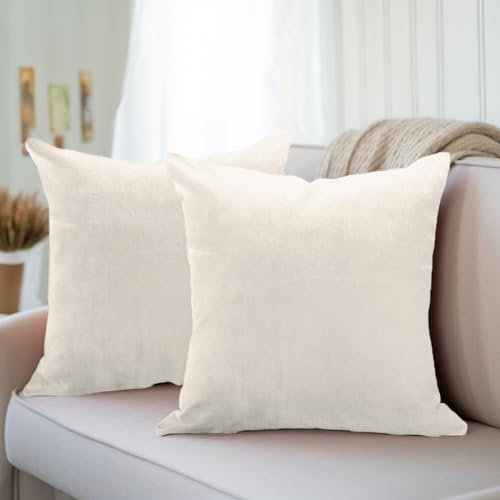 Encasa XO Kissenbezüge aus Samt - 2er-Set (40x40 cm) - Creme- Uni gefärbt, weich & glatt, waschbar, quadratisch, großer Wurfkissenbezug für Couch, Sofa, Stuhl, Bett und Wohnbereich