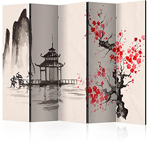 murando Raumteiler Foto Paravent japanische Landschaft 225x172 cm beidseitig auf Vlies-Leinwand Bedruckt Trennwand Spanische Wand Sichtschutz Raumtrenner Kirschbaum Kirschblüte Tempel