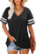 Voqeen T-Shirt Femme Col V Top Décontracté à Manches Courtes Top Basique à Rayures pour l'été, Taille M, Noir