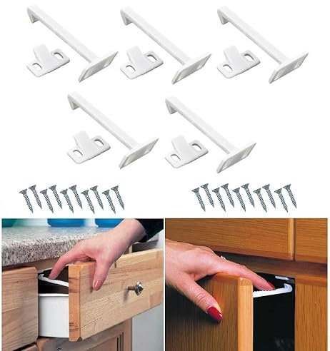 TERF® White Child Safety Catch Lock Cupboard Door Drawer Cabinet Kitchen Bathroom Baby Safety Catch Lock For Children including Fixing Screw - Pack of 5
