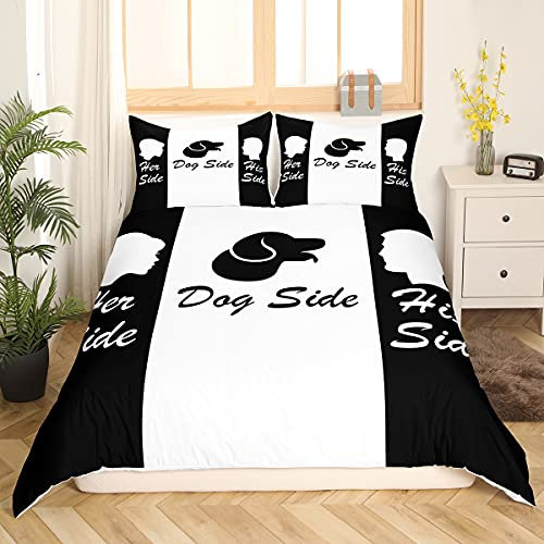 Hundeseite und Meine Seite Bettbezug 135 x 200 Paar Bettwäsche Set Schwarz Weißer Hundedruck Bettbezug für Erwachsene Paare Romantischem Thema Schlafzimmer Dekor mit 1 Kissenbezug, Reißverschluss