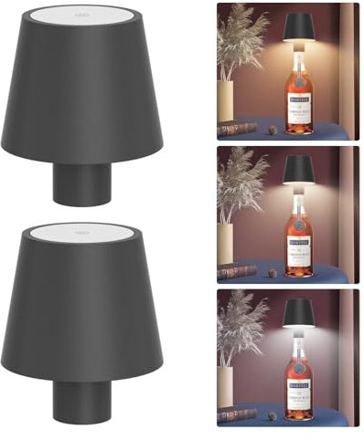 Howskys 2 Stück LED Kabellose Flaschenlampe, 3 Farbtemperaturen Dimmbare Flaschenlampe, 5500mAh Wiederaufladbare Akku Flaschenlicht mit USB-C, Aluminium, IP54 Wasserdicht, Dunkelgrau