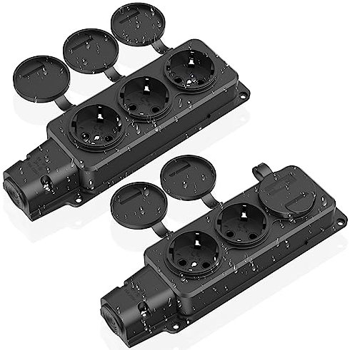 Steckdosenverteiler 3-Fach, Außensteckdose Wasserdicht IP54, Schutzkontaktsteckdosen mit Klappdeckeln, Mehrfachsteckdose für außen, 230V/16A max. 3500W, Aussensteckdose für Garten, Küche, Schwarz