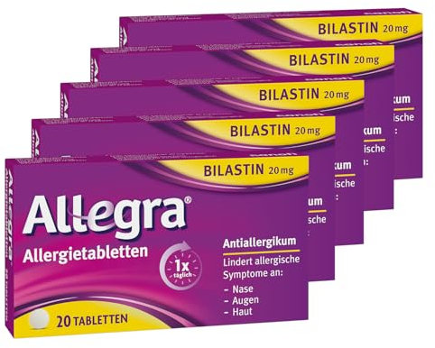 Allegra Allergie Tabletten | 5 x 20 Stk | Antiallergikum | Wirkstoff Bilastin | schnell und 24 Std wirksam bei Heuschnupfen, Tierhaarallergie, Hausstauballergie, Nesselsucht (Urtikaria)