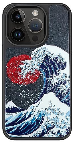 AUKIYUI Designed for iPhone 14 Pro Max Case, Japanese Design Phone Case Shockproof Hard Back with Non-Slip Soft Bumper Cover, Aesthetic Great Wave Print Cool Embossed Pattern, Black 6.7
