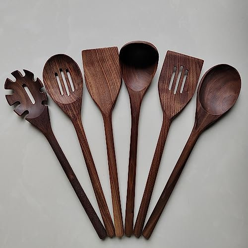 BOTOWI Black Walnut Kitchen Utensils Set 6 Pcs, Dark Wooden Cooking Utensils 14 Long Handle Natural Walnut Wood Flat Spatula, Slotted Turner, Soup Ladle, Skimmer, Pasta Server, Spoons for Cooking