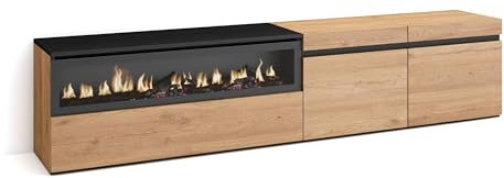 Skraut Home | Mobile TV Soggiorno | Ampio spazio a disposizione | 200x45x35cm | Per TV fino a 80 | Camino elettrico | Stile moderno | Rovere e nero