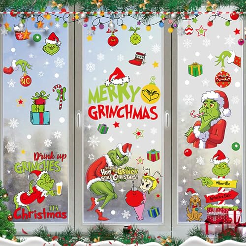 9 Blätter 154 Stück große Grinch Fensterbilder Weihnachten Selbstklebend Fensterdeko Wiederverwendbar PVC Grinch Fensterdeko fenstersticker Weihnachten mit Häuser für Winter Fenster Weihnachtsdeko