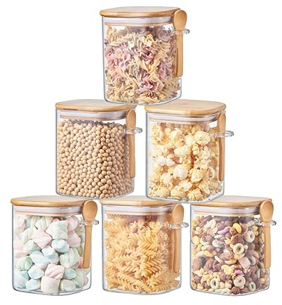 ORNAMI Airtight Glass Pantry Storage Canister Jar with Bamboo Lid & Spoon | BPA-Free, Clear Kitchen Organisation Jar - Set of 6 (1L, Square)