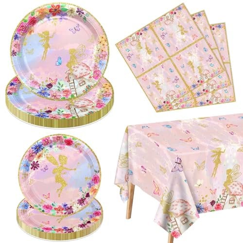 Décorations de fête de fée – Assiettes en carton à motif de papillon rose, nappes florales pour princesse, fleurs, fournitures de fête, pour 20 personnes