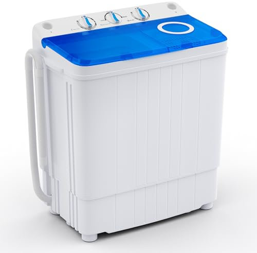 GOPLUS Mini Waschmaschine 4,5 kg, Camping Waschmaschine mit 2 Kammern, Reisewaschmaschine mit Schleuder & Timer-Funktion, kleine Waschmaschine Toplader, inkl. Ablaufpumpe (Weiß + Blau)