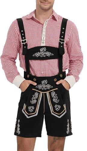 LVCBL Lederhose Herren Tracht Kurz Trachtenhose Oktoberfest mit Hosenträger Schwarz L