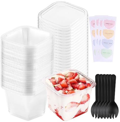 Plastic Dessert Cups, 30 PCS With Lids and Spoons - Square, Clear, Reusable Parfait Cups for Ice Cream, Pudding - Wedding and Birthday Parties