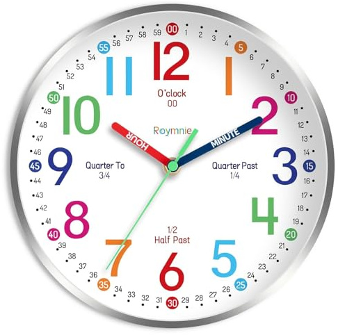 Roymnie Wall Clock for Kids Learning to Tell Time Easily Non Ticking Battery Operated Kids Teaching Clock Silent Colorful Teaching Time Clock Decorative for Kids Room Classroom School (8 Inch)