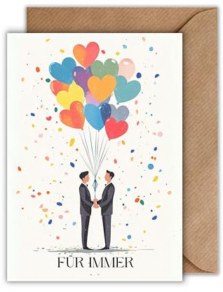WBdesignz Queer Hochzeit karte mit Umschlag - Geschenkkarte zur Hochzeitsfeier Für immer Glückwunschkarte zur Trauung für Männer Luftballons Konfetti Anzüge Brautpaar Liebe Verlobung (DIN A6)