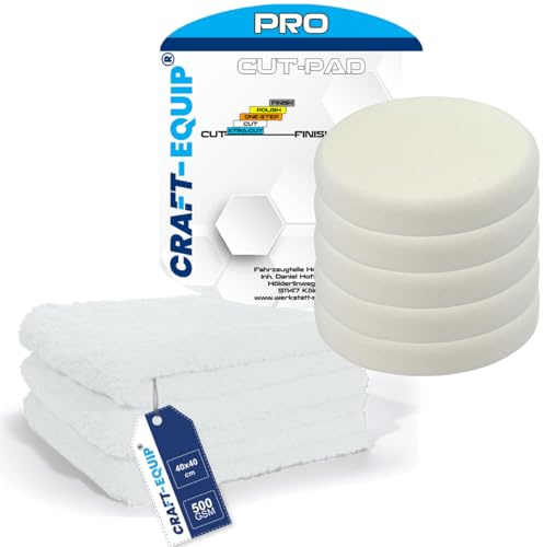 8er Sparpack Craft-Equip PRO RO Polierschwamm Polierpad mit Klettverschluss Made IN EU (8er Sparpack 125mm RO Polierschwamm Cut Weiss + Microfasertücher)