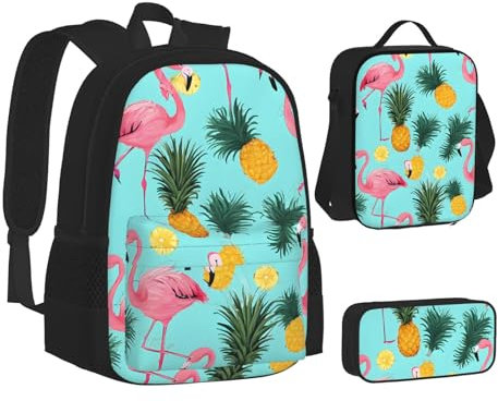 UENFFKDAP Rucksack Set Flamingo-Druck, mit Lunchtasche und Federmäppchen, große Kapazität, Schultasche, leichter Freizeitrucksack