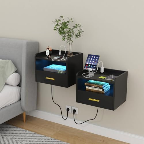 HaodaCulture Nachttisch Hängend 2er Set, Nachttisch 2er Set Schwarz, Leuchte mit 16 Farben, schwebendes Wandregal, Offenes Fach Und Einer Schublade, 40x30x30cm, Modern