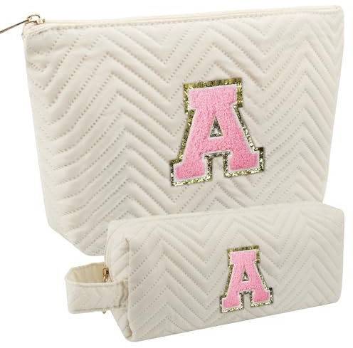 2 PC Trousse Maquillage Femme, Trousse à Maquillage Initiales, Sac à Cosmétiques de Voyage avec Lettre, Cadeau Personnalisé pour Femme, Maman, Amie, Anniversaire, Fête des mères, Mariage (A)