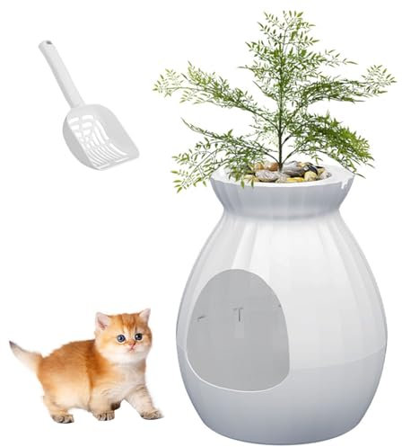 Cat Litter Box Enclosure, Plant Hidden Litter Box Furniture with Electronic Odor Removal, Faux Plant, Pebbles, Door Curtain, Scoop, Plant Litter Box, Hidden Cat Planter Litter Box Enclosure for Big Ca