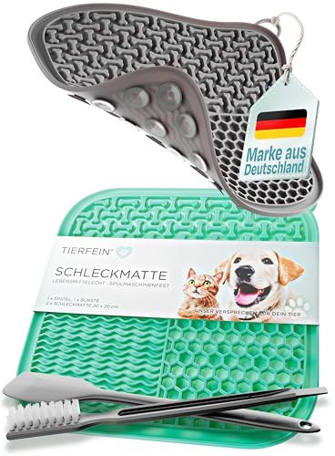 TIERFEIN – Schleckmatte Hund mit Saugnäpfen (2er Set, 20x20 cm) – Schleckmatte Katze zur Beruhigung & Förderung von langsamen Fressen – Leckmatte Hund inkl. Spatel & Bürste, BPA-frei