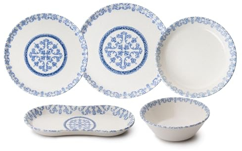 Elegant Dining Experience Service de table de 27 pièces, 100% porcelaine, bleu et blanc | Comprend des assiettes de service, des bols, des assiettes à dessert | Passe au lave-vaisselle et au