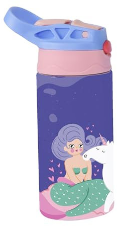 Docliick - Botella agua Acero Inoxidable niños. Térmica 350ml.Botella con dibujos originales exlusivos. Botella Niños colegio pajita. (4.Sirena con Unicornio)