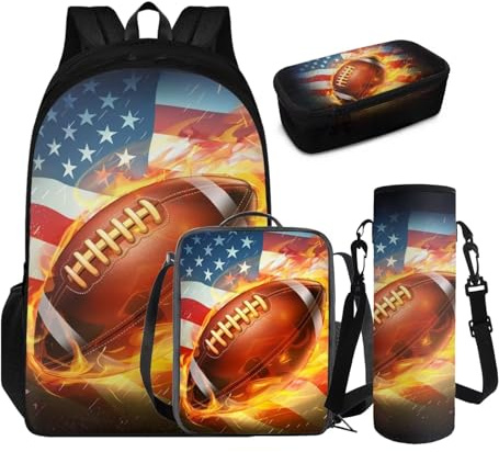 TSOVTHRID Schulrucksack für Jungen, großes Fassungsvermögen, Büchertasche, 10–12 Jahre, Teenager, Schultasche mit Lunchtasche, 4 Stück, American Flag Football