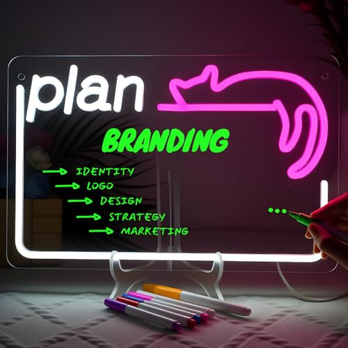 Looklight Plan Letterboard Neon Shield - Lámpara de neón regulable USB con interruptor, pizarra LED con colores, se puede limpiar con un paño, incluye 7 subrayadores, recordatorio, promoción
