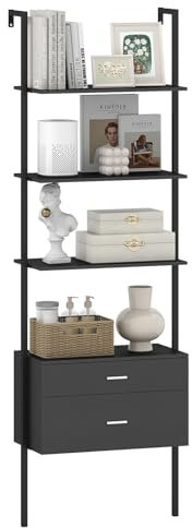GIANTEX Scaffalatura con 4 ripiani aperti e 2 cassetti, 184 cm, libreria salvaspazio per soggiorno, studio e ufficio, 60 x 30 x 184 cm (nero)