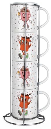 Purely Home Novelty Retro Drinks Stacking Mugs Set - Set of 4 Small Ceramic Mugs Gift Set with Metal Stand