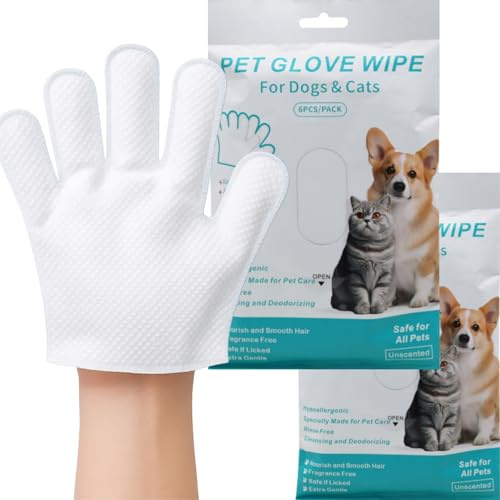 Gants Jetables Toilettage Chien Chat Petits Animaux domestiques – Lot de 12 | Gants Lavage sans Rinçage Hypoallergéniques à l’Aloé & Jojoba | Nettoie, Désodorise & Nourrit | sans Parfum – Forme Main