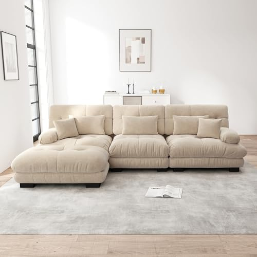 Rvjiahe Luxuriöses Modulares Ecksofa - Übergroßes L-förmiges Cloud Couch für Wohnzimmer, Tiefes Schlafsofa mit Ottoman, Cord (Hellbraun+3Sitz)