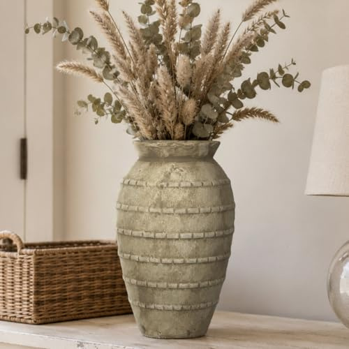 Duoqulou Rustikale Keramikvase Gelb,12 Zoll / 30.5 cm Große Vintage Vase für Wohnzimmer, Esstisch, Hochzeit & Einweihungsgeschenk – Weiß