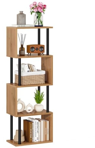IBUYKE Bücherregal 5 Ebenen,S-förmiges Bücherschrank,Eiche WBC015K | Raumteiler Standregal Holz Stufenregal mit Aufbewahrung Bücherregale für Wohnzimmer Schlafzimmer