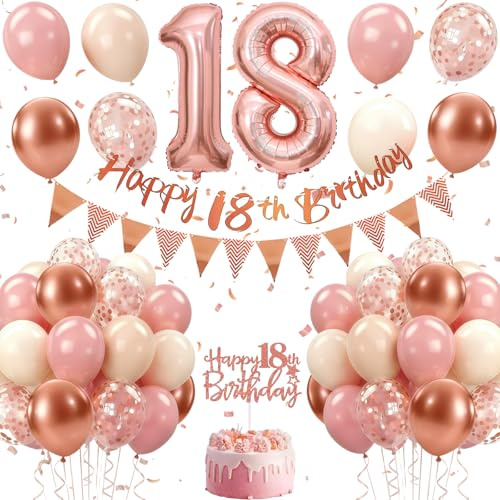 18. Geburtstag Deko Roségold, Luftballon Deko 18. Geburtstag für Jungen und Mädchen, Rosé gold Vintage-Rosa Rose-gold-Pailletten Luftballons Girlande mit Tortendeko für Geburtstagsdeko 18 Jahr