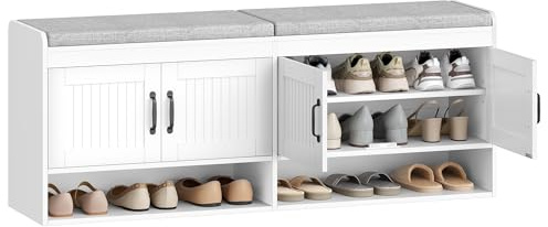 Hzuaneri Schuhschrank mit Sitzbank, 35 x 140 x 54 cm, Weiß | Schuhschrank, Freifläche, Versteckter Stauraum, Für Wohnzimmer, Foyer und Eingangsbereich, SB41403GY