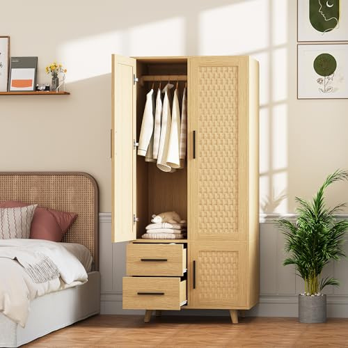 FOERPL Armario con barra, 2 cajones y 2 puertas - Estilo rústico, armario pequeño para dormitorio, salón, habitación infantil (aglomerado+ratán PE)
