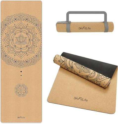 DH FitLife Yogamatte Kork 183 x 61 x 0,6 cm, dicke rutschfeste Yoga Matte | 100 % Naturkork｜100 % Naturkautschuk｜Extra reißfest｜Tragegurt inkl.｜Optimale Dämpfung｜Korkmatte, Sportmatte & Gymnastikmatte