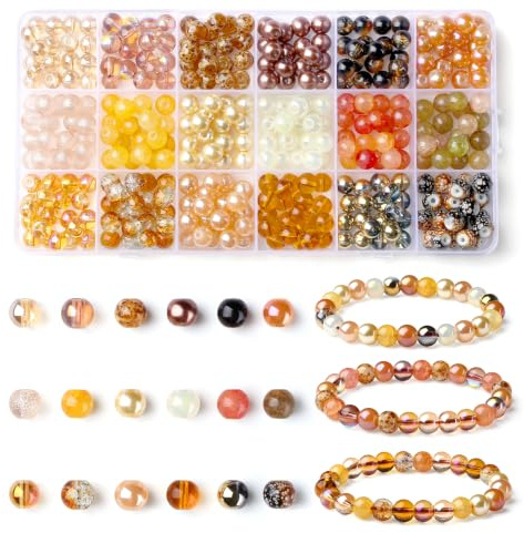 AWARDSEN 8mm Champagne Gold Round Beads for Jewellery Making Champagne Beads 18 Colors Beads for Bracelets, Necklaces, Earrings & DIY Crafts 360PCS Glass Beads