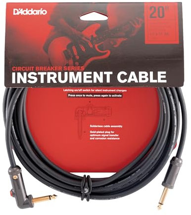 D’Addario Accessories Custom Series Circuit Breaker Guitar Cable - Latching Kill Switch Instrument Cable with ¼ Inch Ends - On/Off Switch for Silent Instrument Changes - Right Angle, 20 feet